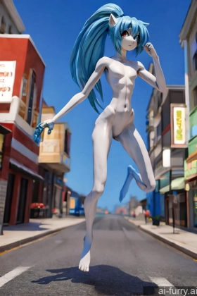 Long Hair One Blue Hair Shocked Jumping Skinny Tall Woman Cyborg 20s Nude Big Ass Ponytail Long Legs Soft Anime Street 3d