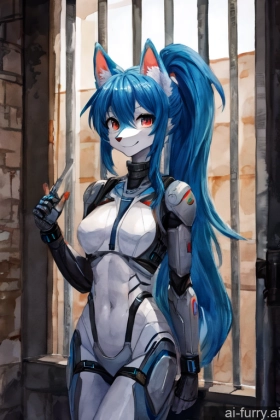 Bdsm Woman Watercolor Skinny Ponytail Blue Hair Fur 20s Cyborg Long Hair Soft Anime Happy Prison