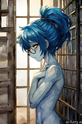 Short Hair Athlete Skinny Woman Nude Glasses Sad Soft Anime Blue Hair Fur Watercolor Ponytail 20s Prison