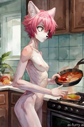 Shocked Short Hair Soft Anime Serious Woman Nude Kitchen Fur Skinny One Cooking Watercolor Pink Hair Detailed Cyborg Topless Slicked