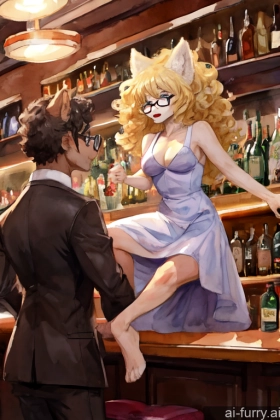 Slicked Orgasm Blonde Small Ass Watercolor Bar Sad Perfect Boobs Jumping Soft Anime Skinny Woman + Man Curly Hair 20s Fur Dress Several Lipstick Glasses