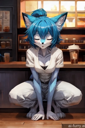 Soft Anime Blue Hair Fur One Cyborg Detailed Ponytail Blowjob Squatting Cafe Dark Lighting Spreading Legs Skinny Short Hair 20s Sleeping Woman Shocked