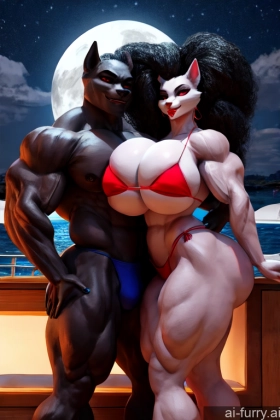 Bodybuilder Huge Boobs Bikini Two Bimbo Vampire Moon Yacht Happy Muscular 30s Russian Woman + Man 3d