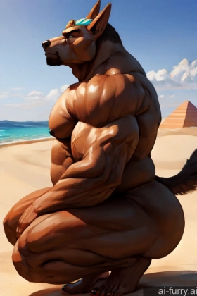 40s Bodybuilder One Fat Gold Jewelry Beach Side View Desert Dark Skin Egyptian Serious Chubby Muscular Nude Squatting