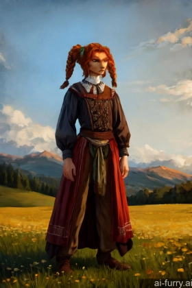 Short Hair Tribal Skinny Braided Messy Victorian Fairer Skin Long Skirt 20s Ginger Serious Fur Meadow Irish Tall Long Legs Front View One Pigtails Medieval Perfect Body