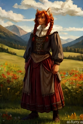 Long Legs Ginger Medieval Serious Pigtails Fairer Skin Braided Tribal Front View Victorian Short Hair Fur Messy 20s Skinny Long Skirt Tall Irish Meadow Perfect Body One