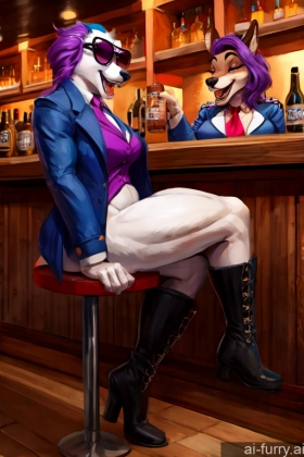 Boots Jacket Partially Nude Several Tattoos Flight Attendant Beer 18 Sunglasses Muscular Perfect Body Beautiful Slicked Blowjob Blouse Purple Hair Bar Woman Laughing