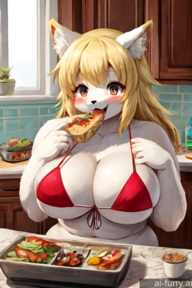 20s Chubby Eating Kitchen Soft Anime Bikini White Woman Blonde Happy Thick Front View Messy