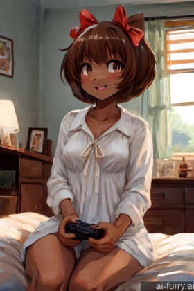 Casual Small Tits Happy Brunette Skinny Gaming Messy Front View One Short Short Hair Blouse 18 African Woman Bows Bedroom Soft Anime