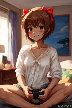 Blouse Front View Messy Happy Brunette 18 Woman Small Tits Skinny Short Soft Anime Short Hair Bows Gaming Casual One African Bedroom