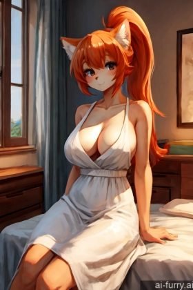 Soft Anime Bedroom Ponytail Dress Front View Perfect Boobs Woman Casual Ginger Perfect Body 20s One Seductive