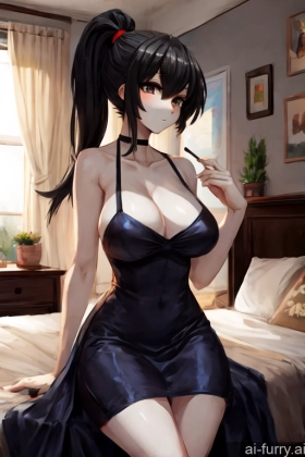 Ponytail Perfect Boobs Perfect Body Soft Anime Woman Bedroom 20s Seductive Black Hair Casual Dress