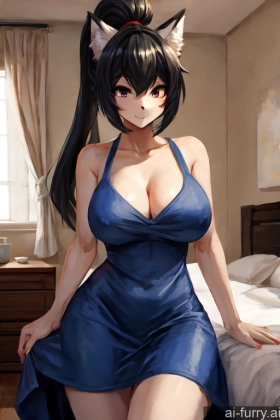 Black Hair 20s One Perfect Boobs Perfect Body Ponytail Woman Skin Detail (beta) Dress Front View Soft Anime Casual Seductive Bedroom