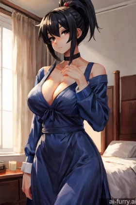 Soft Anime Front View 20s Skin Detail (beta) One Dress Bedroom Black Hair Perfect Boobs Seductive Perfect Body Woman Casual Ponytail