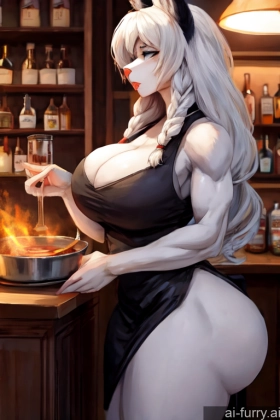 Model Detailed Warm Anime Big Ass White Hair Waitress Side View Tall Bar Dark Lighting Woman Scandinavian Big Hips 18 Cleavage Busty Braided Cooking Abs Long Hair Huge Boobs Beautiful Serious Ahegao