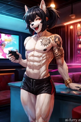 Gold Jewelry Jewelry Perfect Body Strip Club Athlete Gaming Vampire Pigtails 20s Laughing Model Topless White Race Driver Bobcut Tattoos Straight Warm Anime Black Hair Short Shorts Detailed Front View Dark Lighting Muscular One