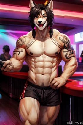 Front View One Race Driver Laughing Short Shorts Black Hair Muscular Jewelry Athlete Warm Anime Straight 20s Dark Lighting Bobcut Perfect Body Gold Jewelry Detailed Vampire Pigtails Tattoos Topless White Strip Club Model Gaming