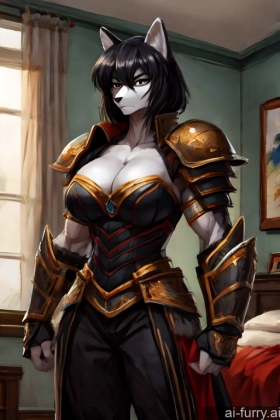 Painting One 30s Muscular Straight Simple Cleavage Tall Front View Fantasy Armor Bedroom Black Hair Woman Working Out Crisp Anime Serious Russian