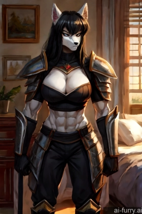 Painting Front View Cleavage Muscular Woman One Straight Bedroom Serious Tall Black Hair Simple Russian Fantasy Armor Crisp Anime 30s Working Out